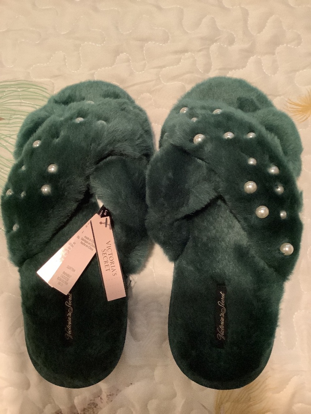 Brand new Victoria Secret dark green fur slippers w/pearls.